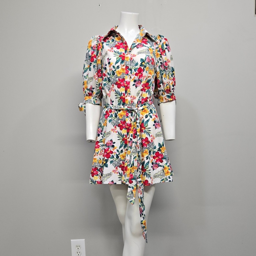 The Sang Micro Mini Shirt Dress Small White Floral Tropical‎ Colorful Romantic